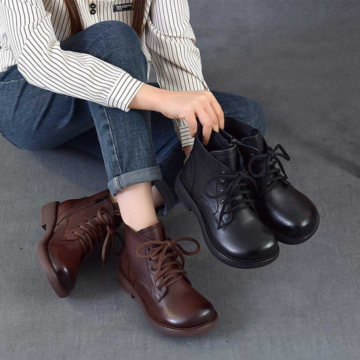Women's Vintage Leather Ankle Boots Zipper Lace Up Flat Combat Booties