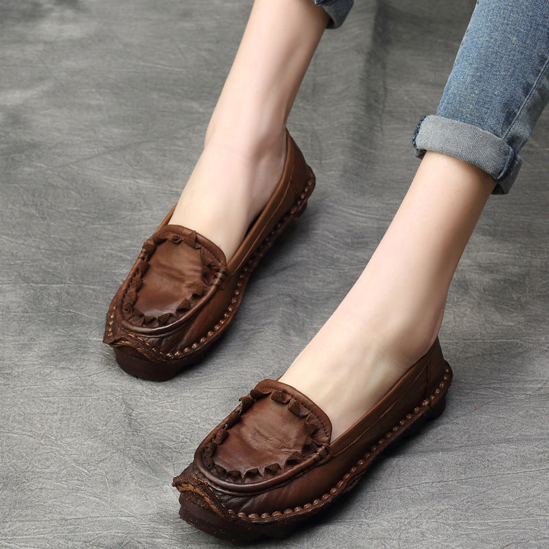 Womens Handmade Retro Leather Loafers Flat Shoes