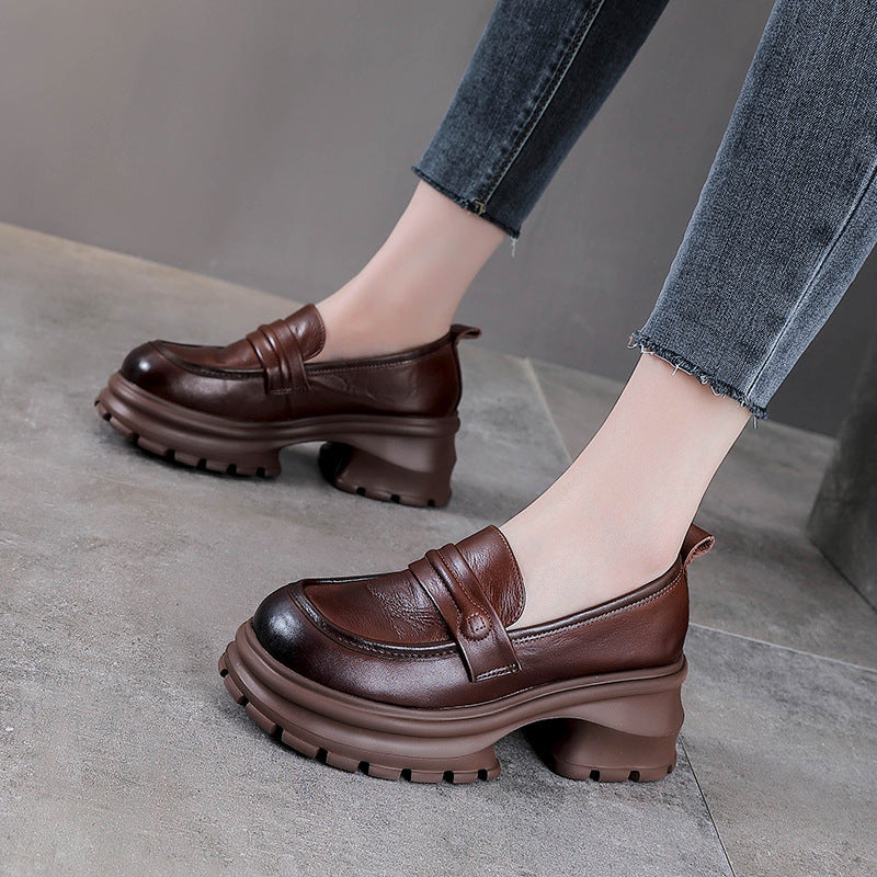 Women's Chunky Lug-Sole Loafers - Leather Elevated Platforms - Ultra-Lightweight Slip-Ons