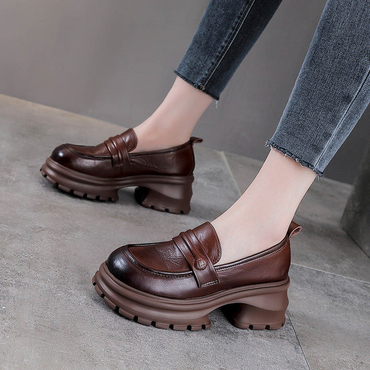 Women's Chunky Lug-Sole Loafers - Leather Elevated Platforms - Ultra-Lightweight Slip-Ons