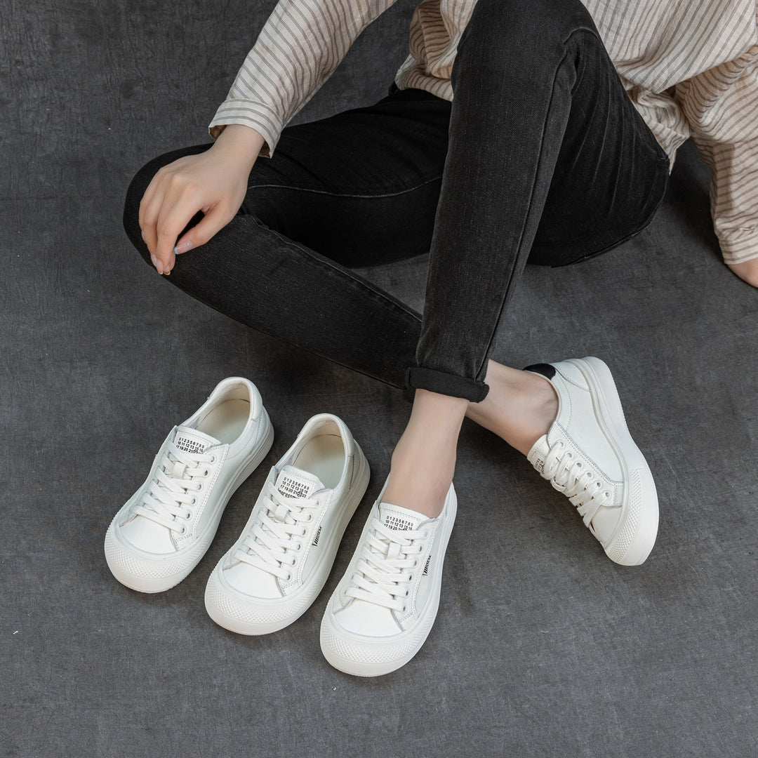 Women's Leather Low Top Sneakers Round Toe Lace Up Platform Canvas Style Shoes