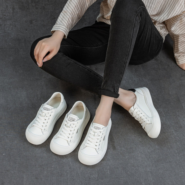 Women's Leather Low Top Sneakers Round Toe Lace Up Platform Canvas Style Shoes
