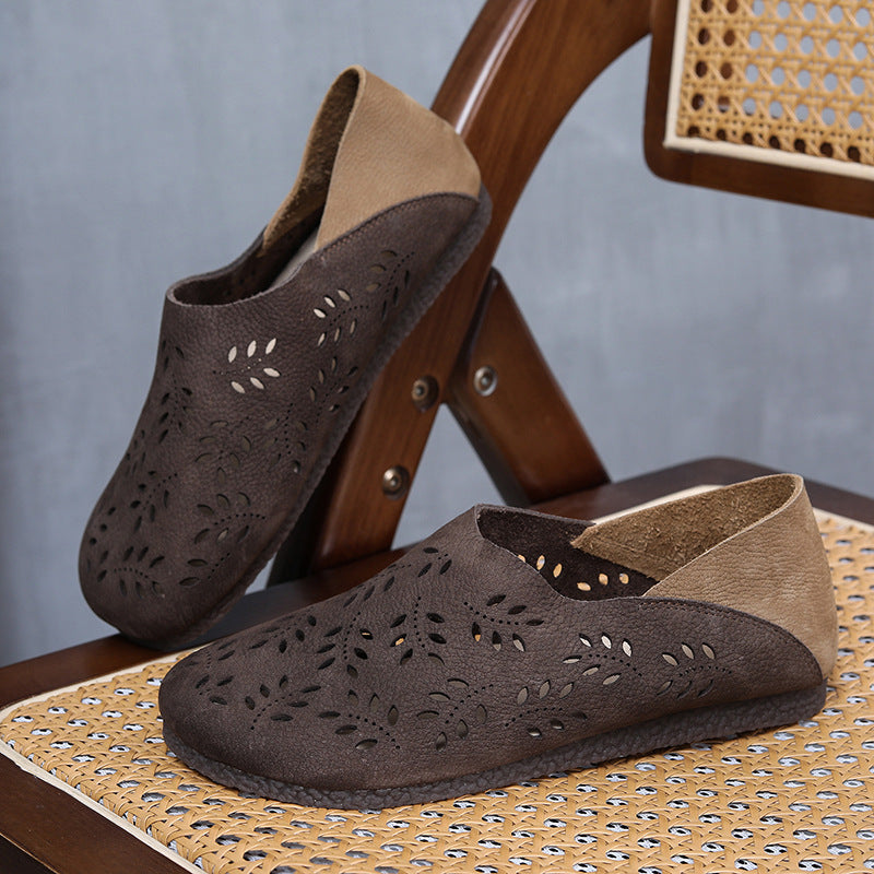 Women's Leather Loafers - Cut-Out Leaf Perforated Flat Sandals Casual Slip-On Summer Shoes