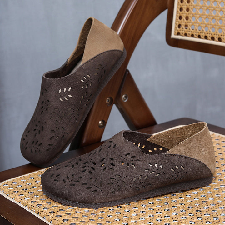 Women's Leather Loafers - Cut-Out Leaf Perforated Flat Sandals Casual Slip-On Summer Shoes