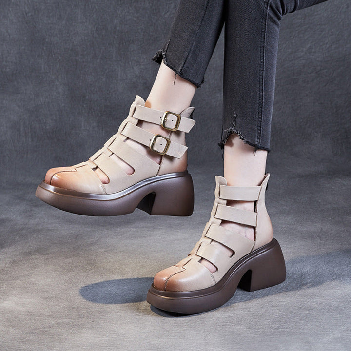 Avant-Garde Burnished Leather Summer Lightweight Sandals for Women - Chunky Platform Cut-out Boots