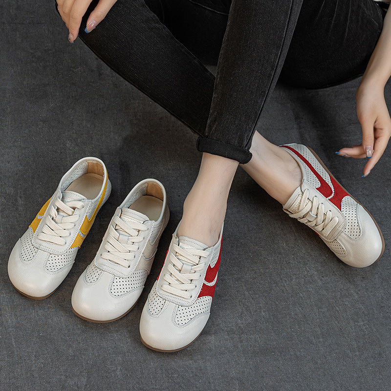 Women's Leather Perforated Sneakers Lace Up Breathable Flat Walking Shoes