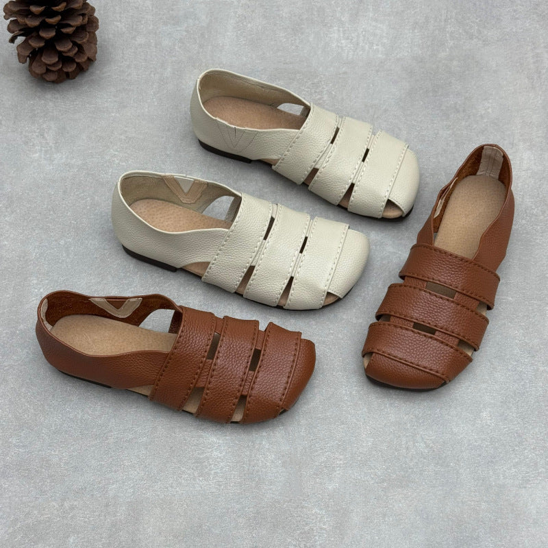 Women's Leather Hollow-Out Fisherman Sandals Casual Summer Retro Square Toe Shoes