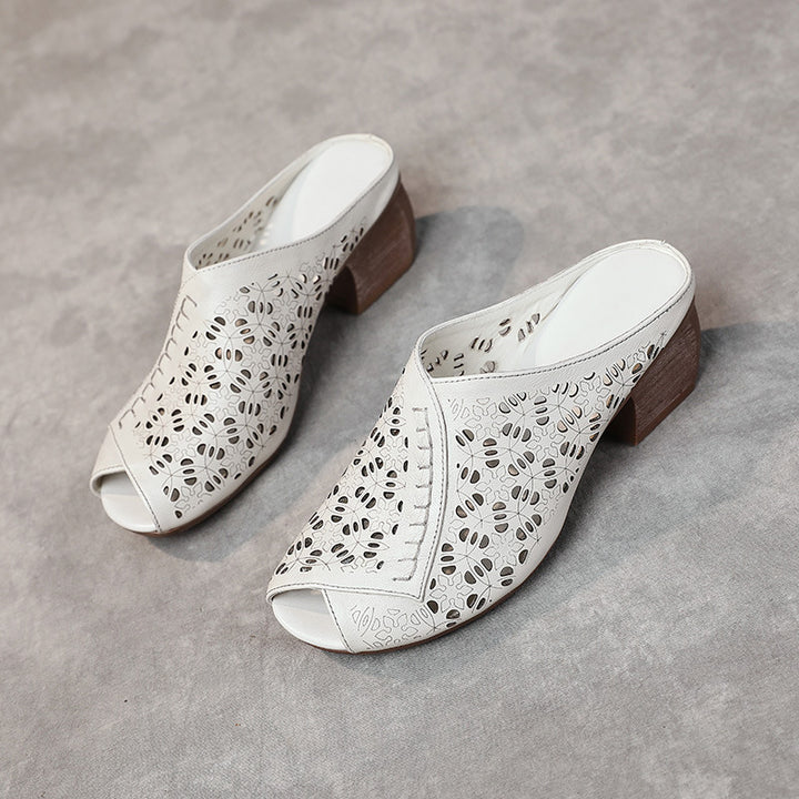 Women's Leather Mules - Hollow Out Floral Perforated Open Peep Toe Sandals Mid Block Chunky Heel Slides