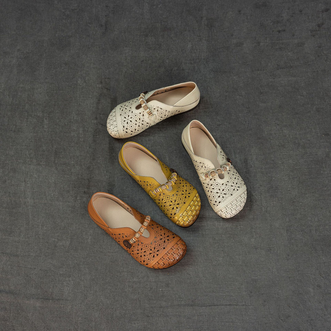Women's Retro Cutout Leather Loafers Vintage Hollow-out Slip-on Flats