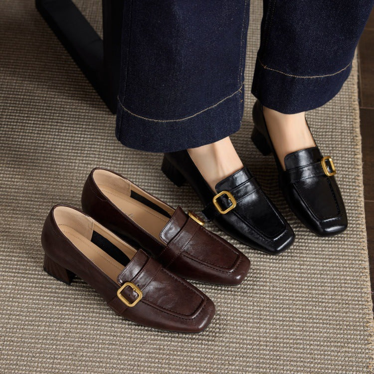 Women's Lambskin Square-Toe Slip-On Loafers with Metal Buckle — Office Shoes