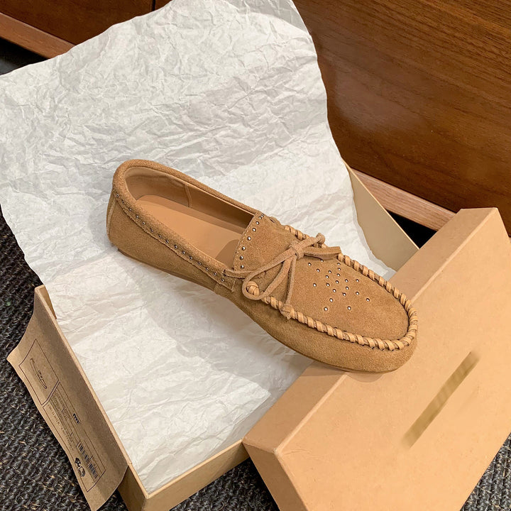 Women's Suede Moccasins - Hand-stitched Studded Loafers with Cowhide Insole