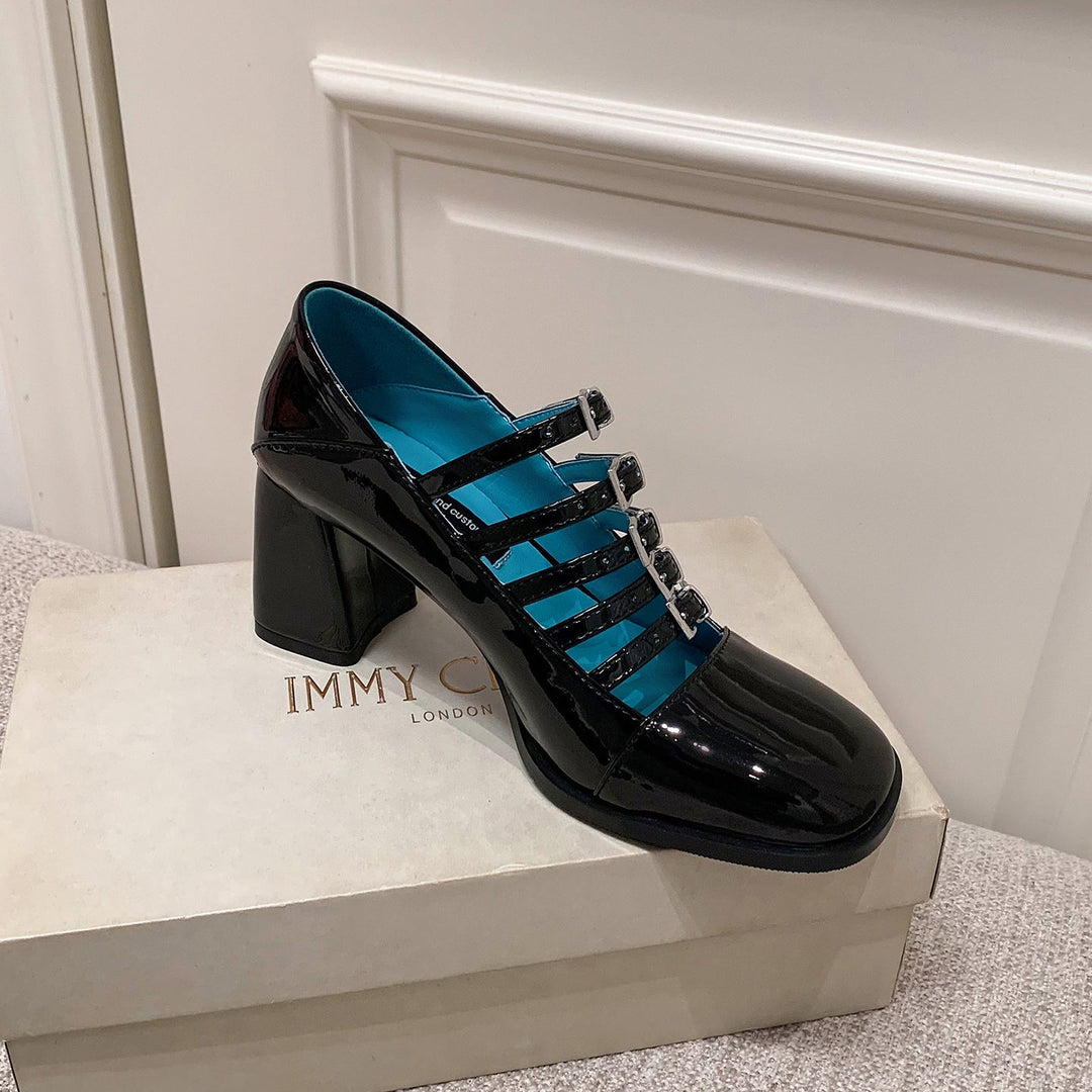 Women's Multi-Strap Mary Jane Heels - Patent Leather Pumps with Comfortable Block Heel