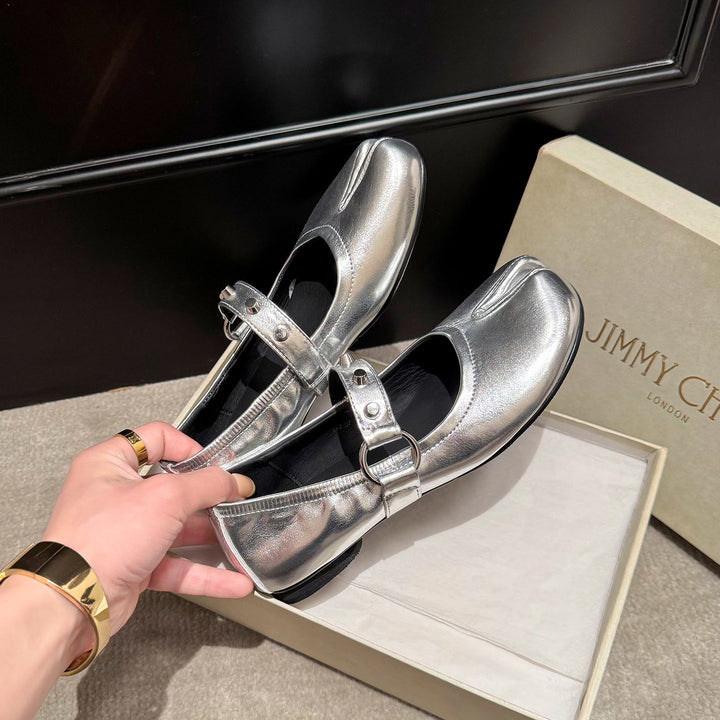 Women‘s Avant-Garde Split Toe Leather Ballet Flats - Luxurious Mary Janes with Studs