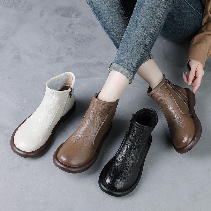 Women’s Leather Round Toe Ankle Boots – Comfortable Low Heel Design