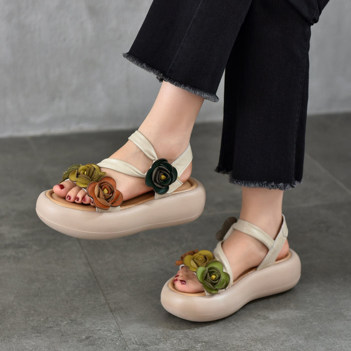 Women’s Floral Leather Summer Sandals – Lightweight Boho Style Platform Shoes