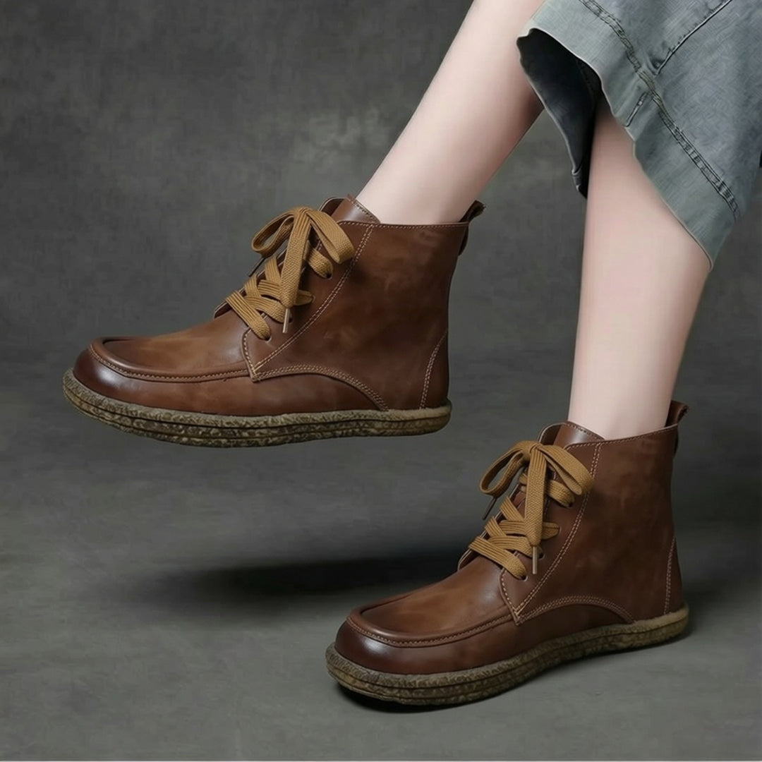 Women's Vintage Leather Ankle Booties Soft Sole Round Toe Lace-Up Walking Shoes