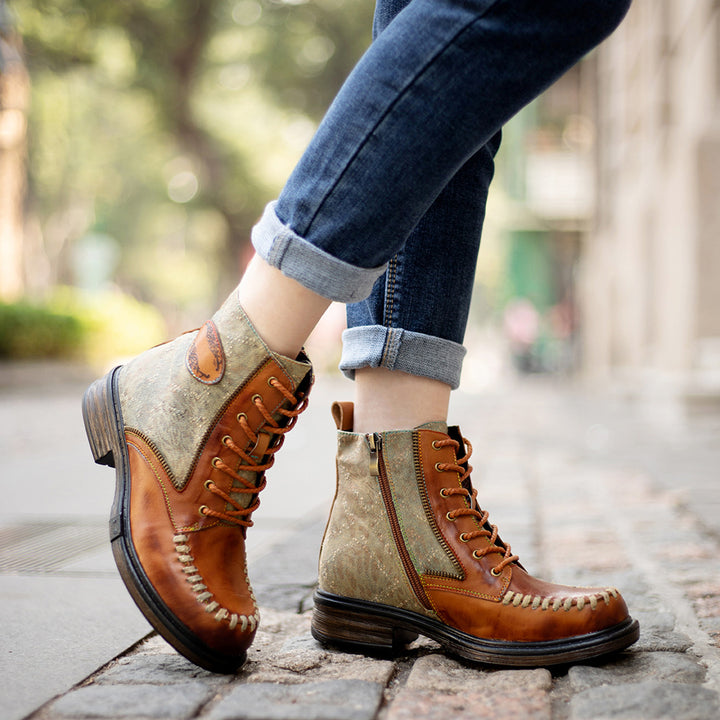 Women's Vintage Distressed Denim Sheepskin Ankle Boots Side Zipper Lace Up Combat Booties