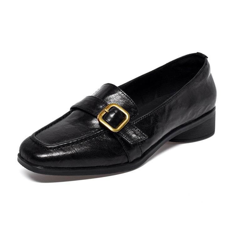 Women's Lambskin Square-Toe Slip-On Loafers with Metal Buckle — Office Shoes