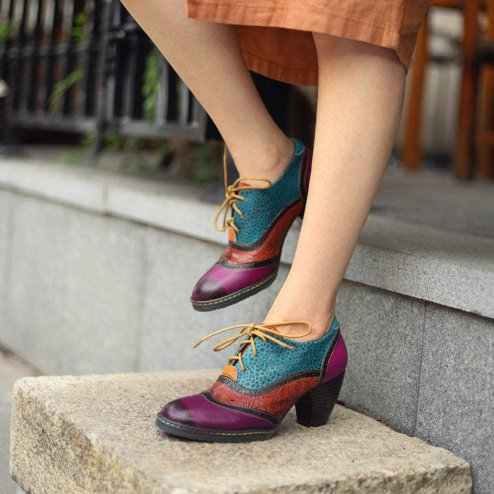 Women's Vintage Patchwork Sheepskin Oxford Pumps Square Toe Lace Up Chunky Heel Shoes