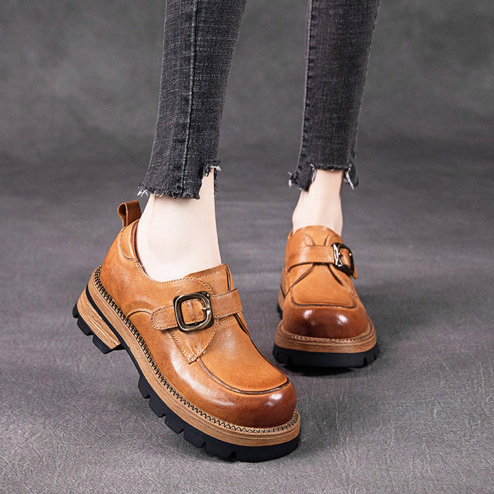 British Style Women's Chunky Loafers - Leather Oxford Shoes with Adjustable Velcro Strap