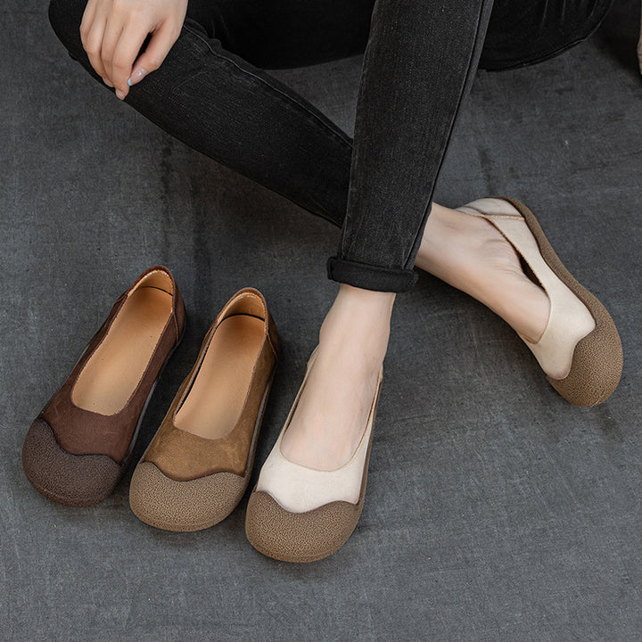 Women's Genuine Leather Ballet Flats Round Toe Slip On Unlined Walking Shoes