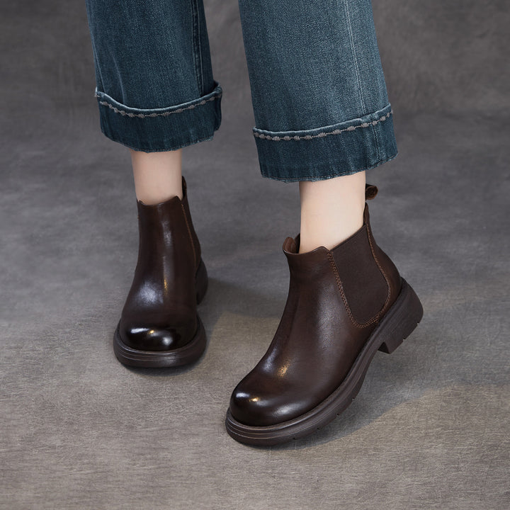 Women's Genuine Leather Chelsea Ankle Boots Vintage Slip-on Low Heel Winter Shoes