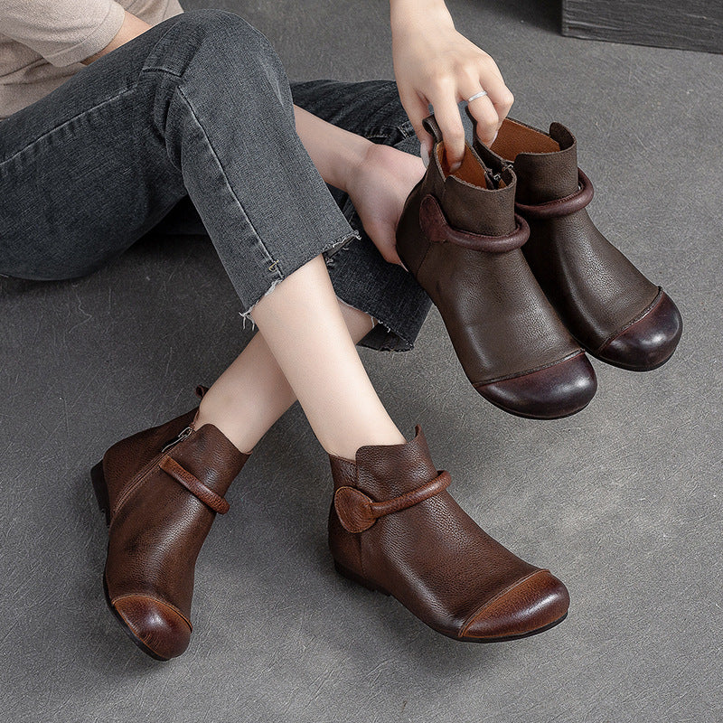 Women's Retro Leather Ankle Boots Vintage Round Toe Velcro Short Booties