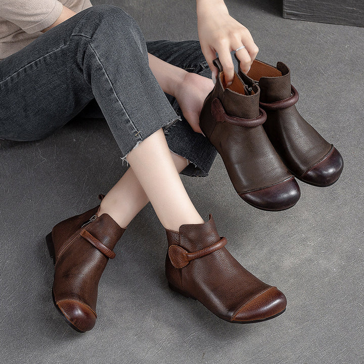 Women's Retro Leather Ankle Boots Vintage Round Toe Velcro Short Booties