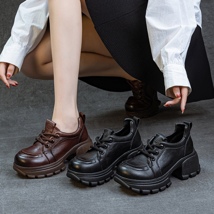 Women's Platform Genuine Leather Sneakers Chunky Heel Lace Up Casual Oxfords