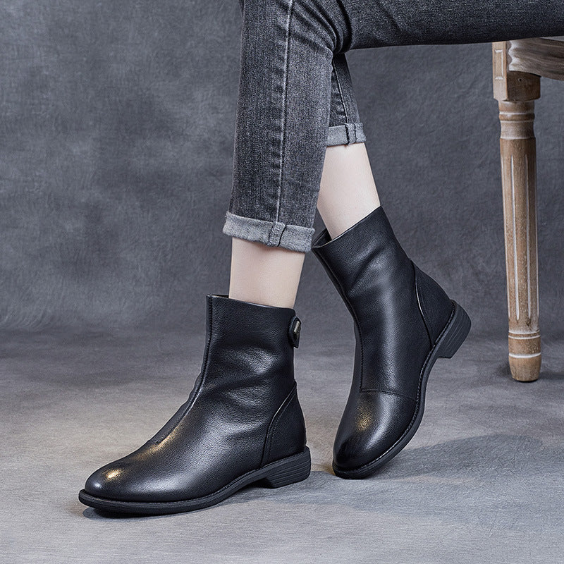 Women's Genuine Leather Short Boots – Minimalist Design with Zipper Closure