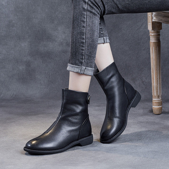 Women's Genuine Leather Short Boots – Minimalist Design with Zipper Closure