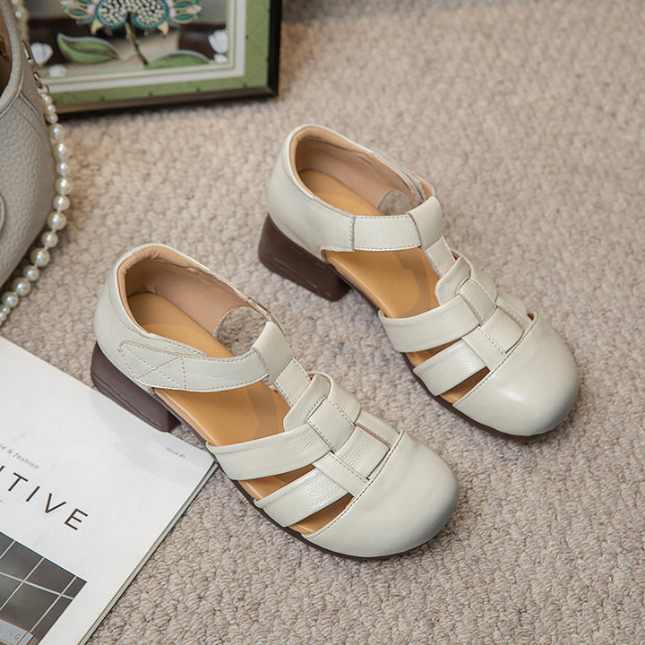 Women's Leather Fisherman Sandals - Retro Hollow Out Summer Mary Janes, Velcro Round Toe Block Heel Shoes