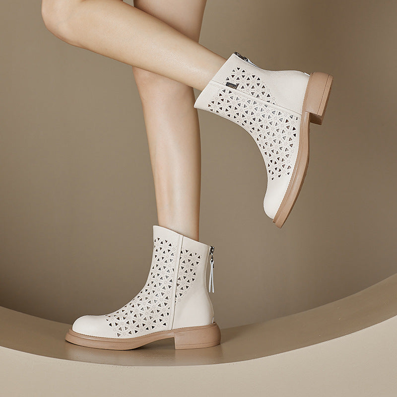 Women‘s Retro Ankle Summer Sandals Boots Vintage Round Toe Cutout Perforated Chunky Heels