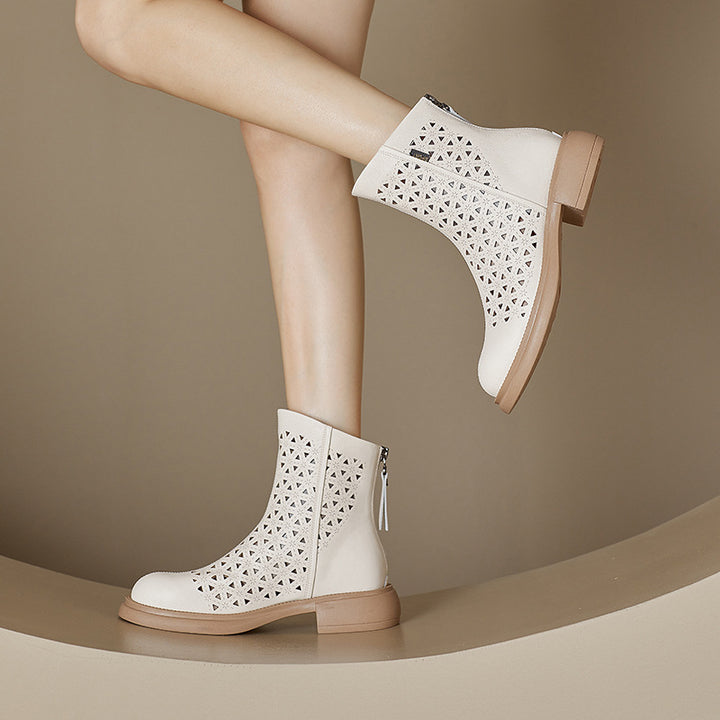 Women‘s Retro Ankle Summer Sandals Boots Vintage Round Toe Cutout Perforated Chunky Heels