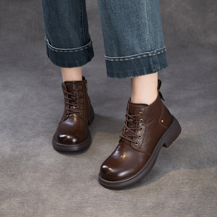 Women's Leather Winter Combat Ankle Boots Soft Lined Lace-up Walking Booties