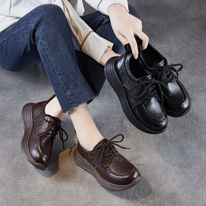 Women’s Leather Lace-Up Platform Wedge Shoes – Retro Non-Slip Casual Style