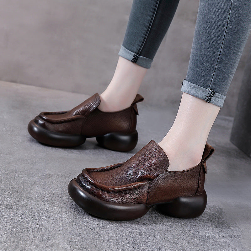 Women's Minimalist Platform Loafers - Leather Elevated Flats - Breathable Unlined Slip-Ons