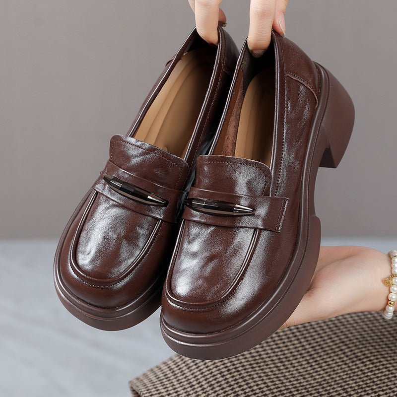 Women's Chunky Cowhide Loafers Platform Slip-On Modern Preppy Style
