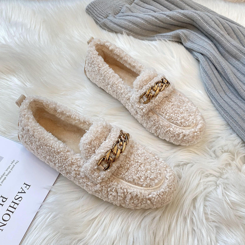 Women Metal Chain Winter Warm Lamb Fur Flat Shoes Loafers