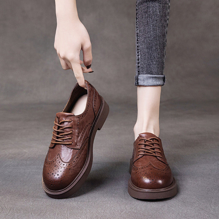 British Style Women's Wingtip Oxfords - Leather Lace-up Flats with Brogue Detail