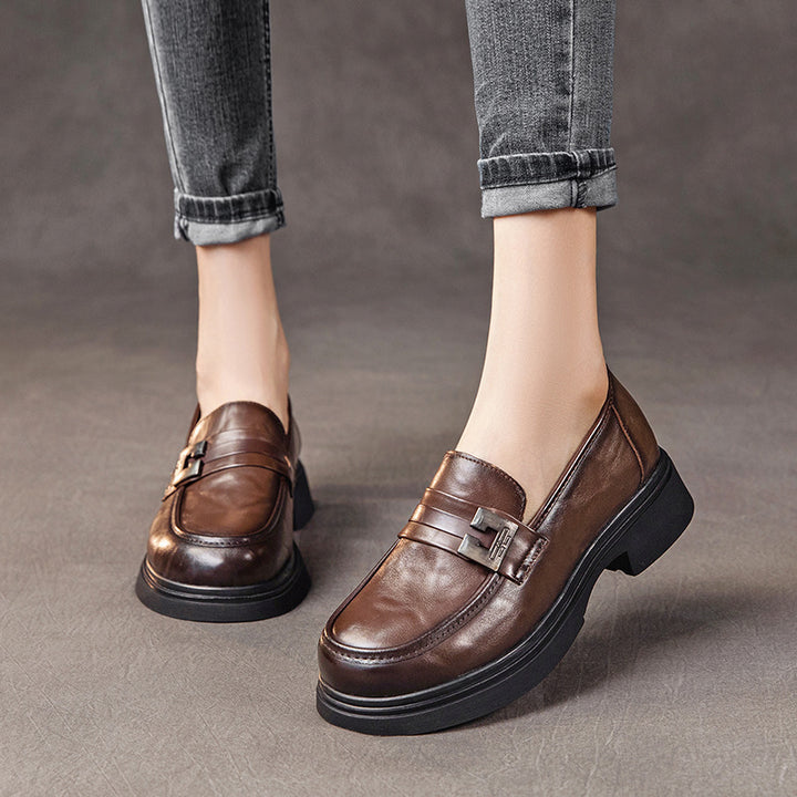Women's Leather Platform Loafers with Chunky Heels and Metal Buckles — Comfortable
