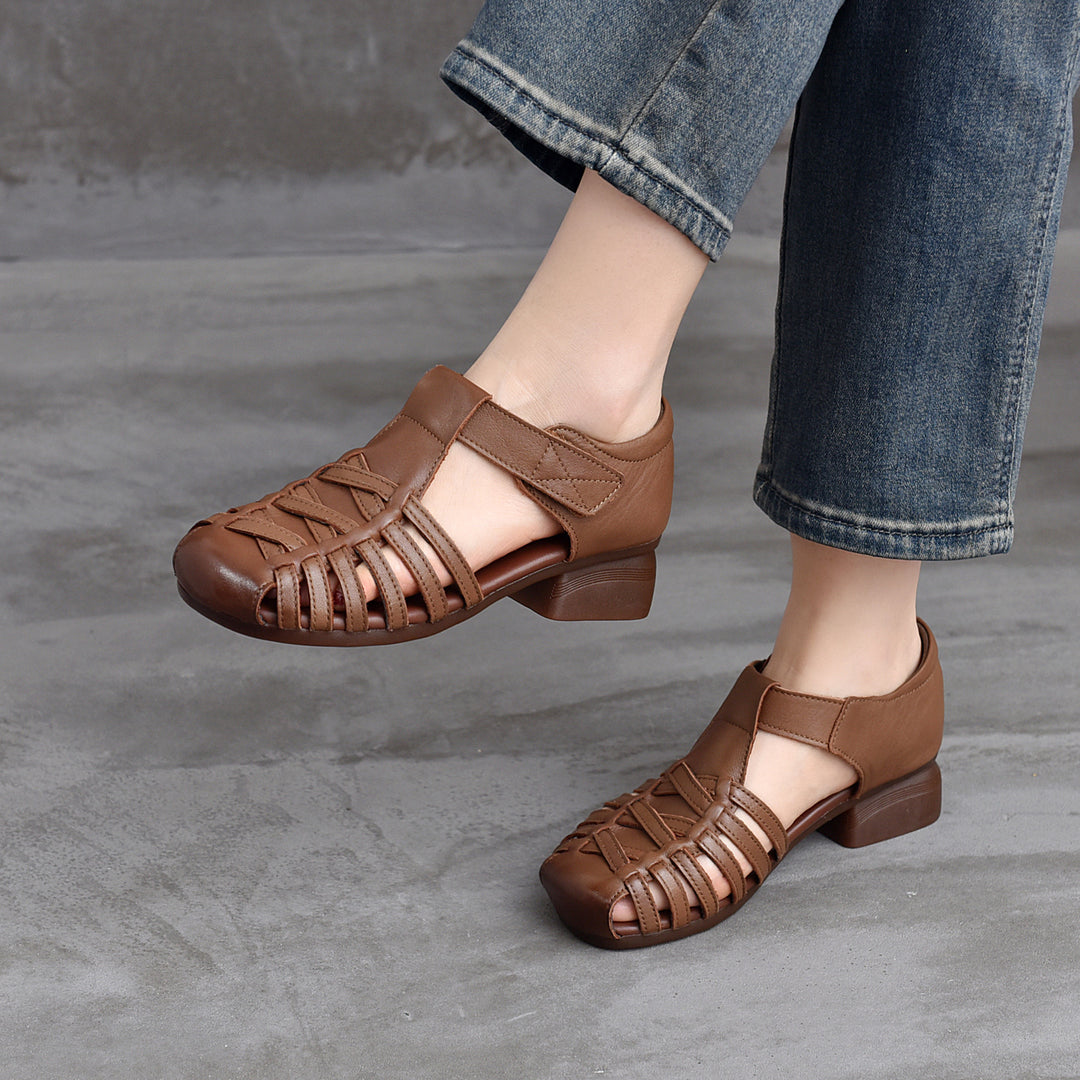 Women's Leather Fisherman Sandals - Closed Toe Woven Strappy Gladiator Sandals Low Block Heel