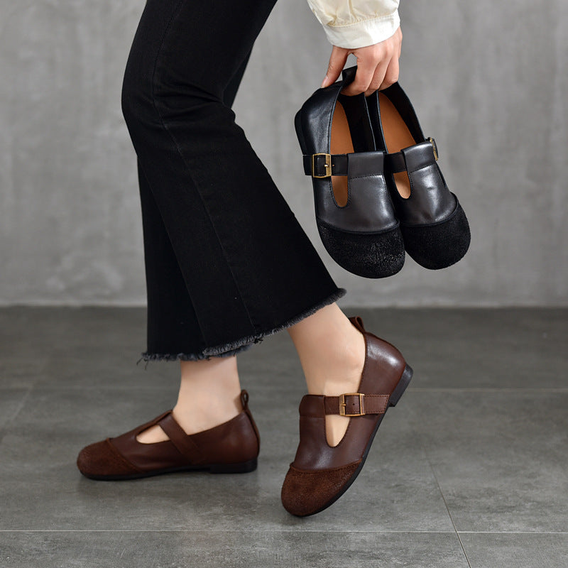 Vintage Literary Handmade Leather Round Toe T Buckle Mary Jane Women's Shoes