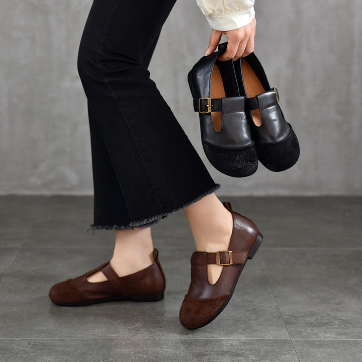 Vintage Literary Handmade Leather Round Toe T Buckle Mary Jane Women's Shoes