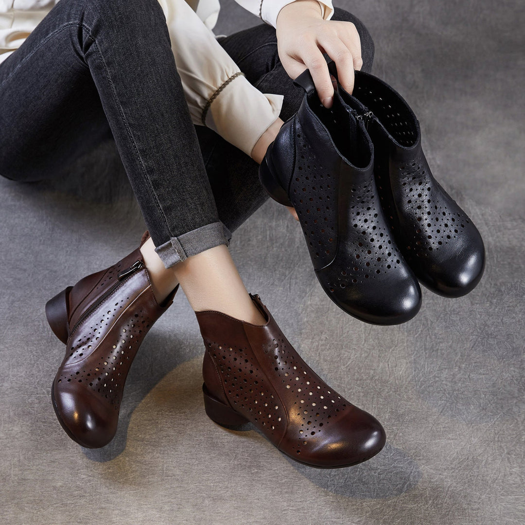 Women’s Summer Breathable Cut-Out Leather Boots – Retro Mid Heel Sandals