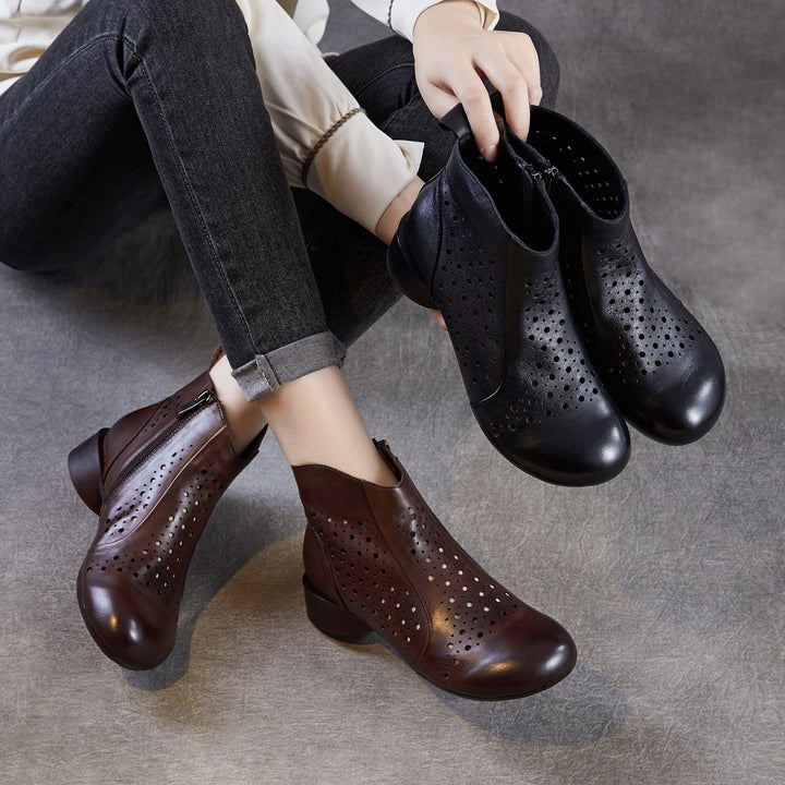 Women’s Summer Breathable Cut-Out Leather Boots – Retro Mid Heel Sandals