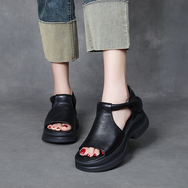 Open-toe Lightweight Leather Chunky Sandals for Women - Platform Summer Slides with Velcro Strap