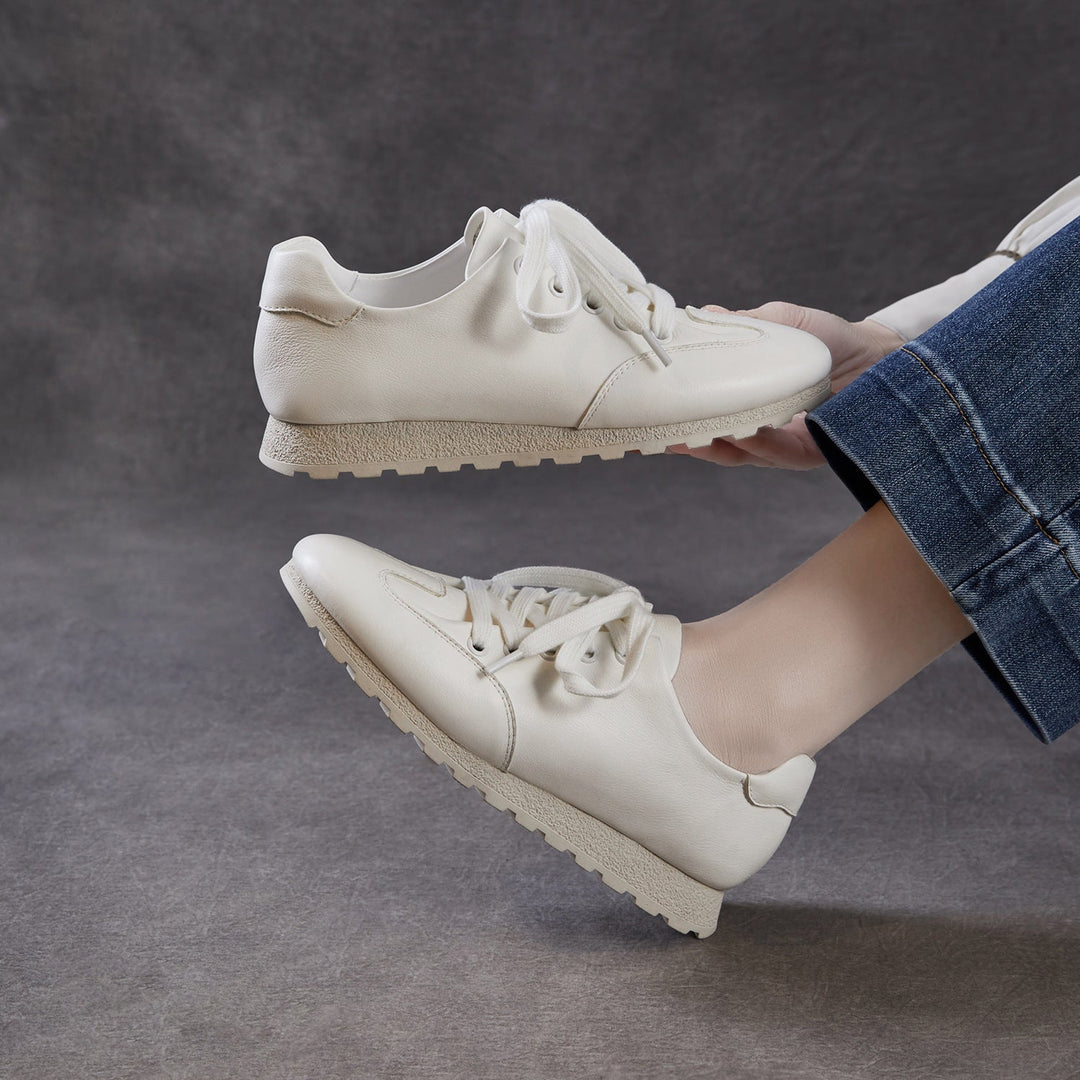 Women's Minimalist Architectural White Trainers - Premium All-Leather Walking Shoes