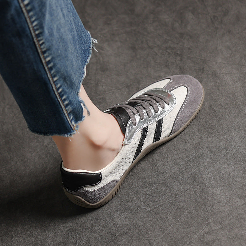 Women's Genuine Leather Retro Sneakers Patchwork Flat Lace Up Casual Walking Shoes