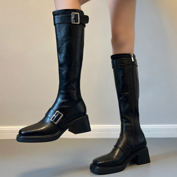 Women's Vintage Knee High Zipper Boots - Square Toe Buckle Strap Chunky Block Heel Riding Boots